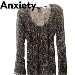 Anxiety Long Bell Sleeve Boho Paisley Blouse Teal & Brown L
